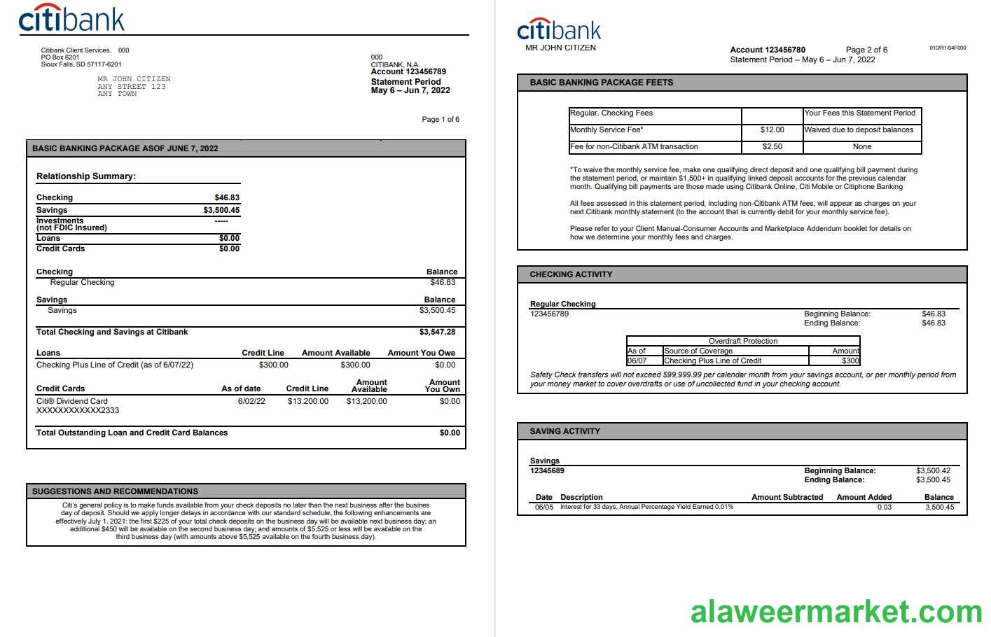 USA Citibank bank statement, Word and PDF template, 6 pages